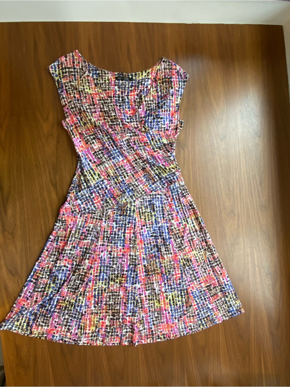 Multicolor Faux Wrap Printed Fit-and-Flare Dress - Sleeveless